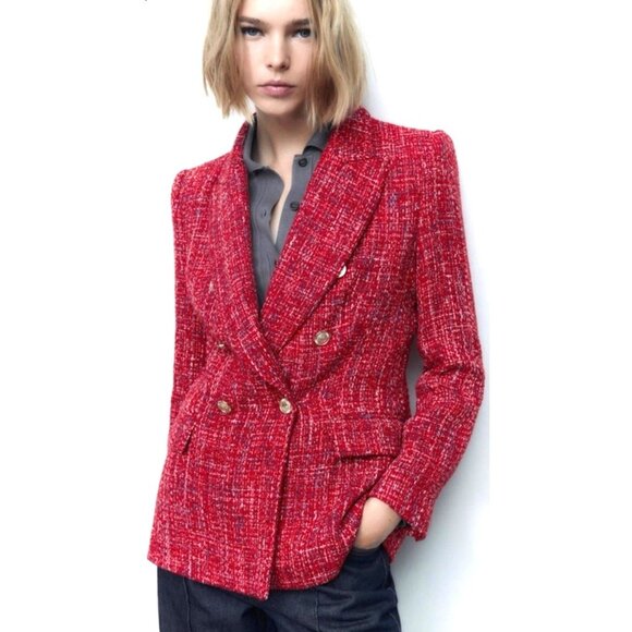 NEW! ZARA Double Breasted Textured Weave Blazer Tweed Red SZ S - Picture 1 of 15